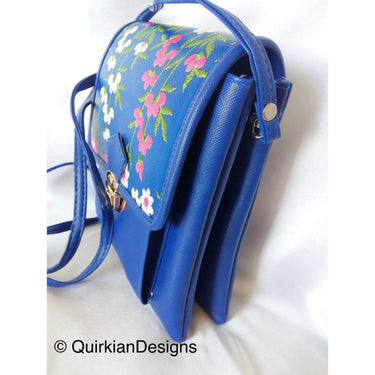 Blue Fake Leather Bag With Pink, Green And White Floral Embroidery Design, Day Clutch, Shopping Crossbody Sling Purse, Faux Leather Bag